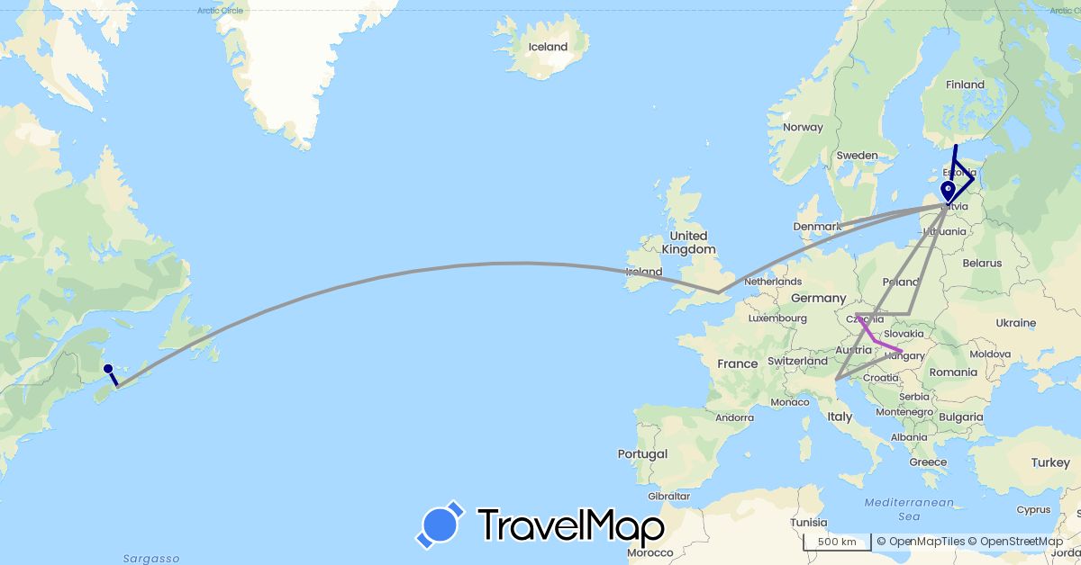 TravelMap itinerary: driving, plane, train in Austria, Canada, Czech Republic, Denmark, Estonia, Finland, United Kingdom, Hungary, Italy, Latvia, Poland (Europe, North America)